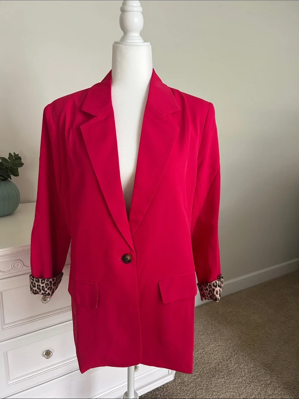 NWOT Hot Pink Blazer with Leopard Cuff Detail